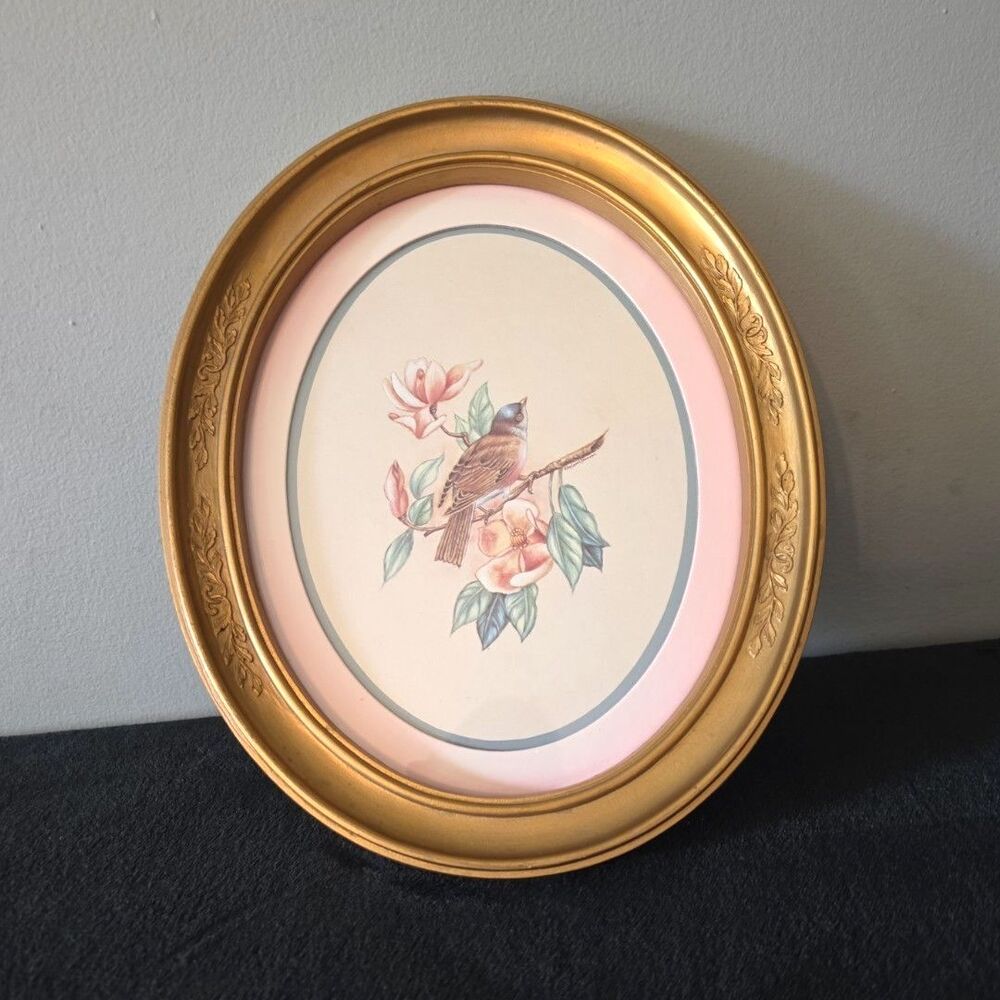 Vintage “Songbird By Magnolias” By Kay Lamb Shannon In Ornate Oval Frame Homco